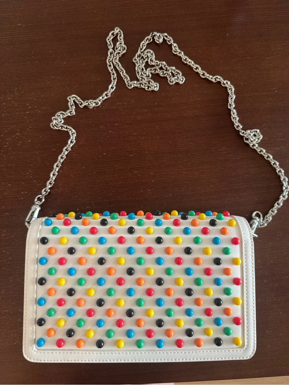 Charles & Keith White Crossbody with Multicolor Stud Dots and Silver Chain